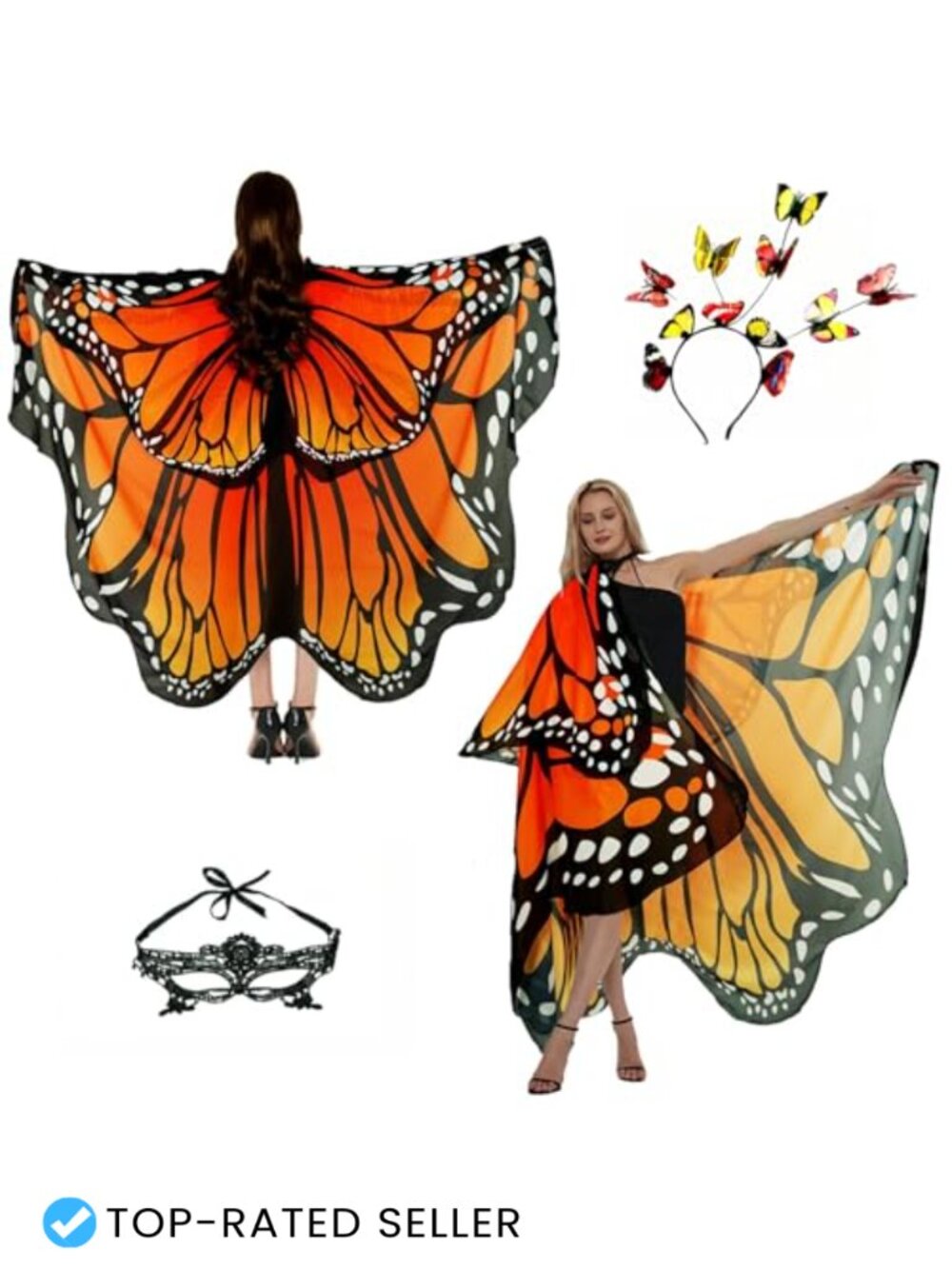 Halloween Butterfly Wings Cape Shawl Fairy Moth Costume Set Women 3pcs